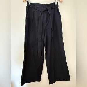 UNIQLO Linen Blend Wide Leg Pants Black High Rise Tie Belt Minimalist L
